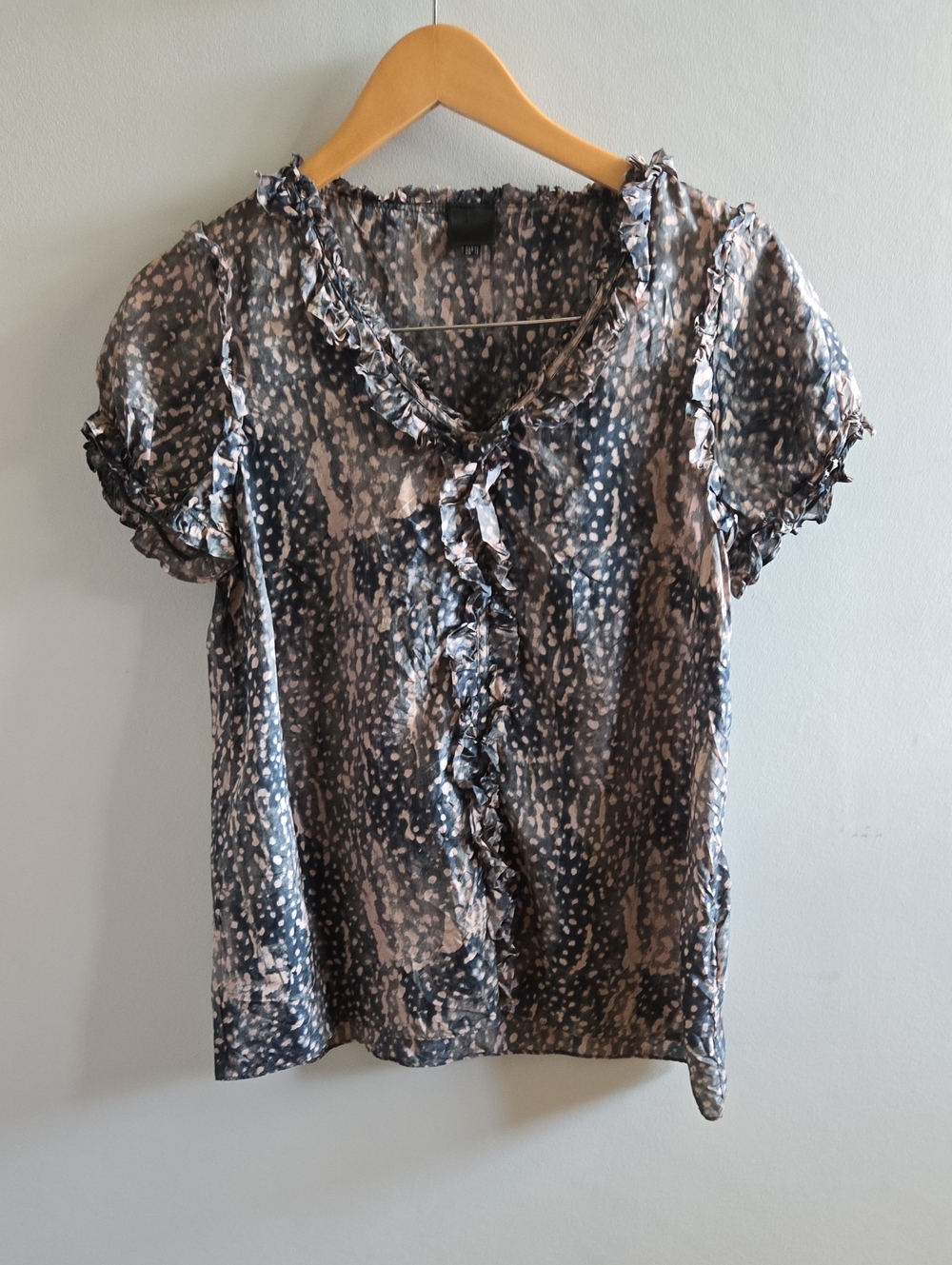 Black and Pink Inwear Silk Short Sleeved Ruffled Blouse Size 10
